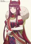  1girl absurdres alternate_costume breasts cape cleavage commission crown detached_sleeves elbow_gloves fire_emblem fire_emblem_engage flower_brooch fur-trimmed_cape fur_trim gloves gold_trim highres ivy_(fire_emblem) long_hair looking_at_viewer medium_breasts mole mole_under_mouth purple_eyes red_sash sash smile solo tak0baka very_long_hair white_background white_gloves 