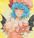  1girl bare_shoulders bat_wings blue_hair blush breasts closed_mouth commentary crossed_bangs hat hat_ribbon highres large_breasts mob_cap nipples pink_headwear red_eyes red_ribbon remilia_scarlet ribbon short_hair smile solo touhou upper_body washiwa wings yellow_background 