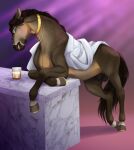  alcoholic_drink animal_genitalia balls bedroom_eyes brown_body brown_fur brown_hair clothed clothed_feral clothing equid equine feral fully_sheathed fur genitals glass hair hi_res hooves horse kamilazu looking_at_viewer male mammal narrowed_eyes seductive sheath shirt solo topwear 