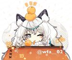  animal_ear_fluff animal_ears arknights artist_name black_eyes blush commentary_request food fruit hair_between_eyes itsuki_02 kotatsu leopard_ears leopard_girl long_hair mandarin_orange one_eye_closed pramanix_(arknights) table twitter_username white_hair 