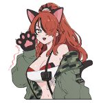  1girl animal_ears animal_hands black_hair breasts cat_ears fake_animal_ears gloves green_jacket grey_eyes hair_over_one_eye highres jacket lain_paterson lain_paterson_(1st_costume) large_breasts long_hair multicolored_hair nijisanji open_mouth paw_gloves ponytail red_hair simple_background smile solo strapless streaked_hair suspenders ta0oxo0ma tube_top virtual_youtuber white_background 