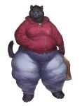  2022 anthro bag barefoot black_body black_fur black_hair bottomwear cettus clothed clothing feet felid female fur hair hand_in_pocket hi_res holding_bag holding_object hoodie jacket mammal obese obese_anthro obese_female overweight overweight_anthro overweight_female pantherine pants paper_bag pockets serafina_(cettus) shirt simple_background solo standing tail teeth thick_thighs topwear white_background 