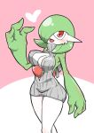 1girl arm_at_side bare_shoulders blush bob_cut bottomless breasts center_opening cleavage clothed_pokemon colored_skin commentary_request covered_nipples gardevoir green_hair green_skin grey_sweater hair_over_one_eye hand_up happy heart kazamidoririnn looking_at_viewer medium_breasts meme_attire multicolored_skin one_eye_covered open_mouth personification pink_background pokemon pokemon_(creature) red_eyes ribbed_sweater shiny_skin short_hair simple_background smile solo standing sweater thighs turtleneck turtleneck_sweater two-tone_background two-tone_skin variant_set virgin_killer_sweater white_skin 