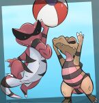  2023 anthro anus ball beach_ball blue_background brown_body casual_nudity crocodilian duo facial_markings female flat_chested generation_5_pokemon genitals head_markings hi_res honeymono inflatable jumping krookodile markings mask_(marking) nintendo nude pokemon pokemon_(species) pussy red_body reptile sandile scalie simple_background sport volleyball 