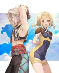  1boy 1girl arms_behind_back arms_behind_head bare_shoulders blonde_hair blue_bodysuit blue_eyes blue_sky blunt_bangs bodysuit breasts closed_mouth cloud cloudy_sky commentary_request cowboy_shot final_fantasy final_fantasy_xii gloves light_brown_hair looking_at_viewer low_twintails open_mouth penelo profile sasanomesi shoulder_pads sidelocks skin_tight sky small_breasts smile toned toned_male twintails twitter_username two-tone_bodysuit vaan vest yellow_bodysuit yellow_eyes 