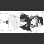  1girl ass_visible_through_thighs capelet commentary greyscale hand_on_own_hip hat hat_tip huxiao_(mistlakefront) leotard letterboxed monochrome see-through see-through_shirt sideways signature smile solo thighs top_hat touhou usami_renko 
