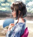  1girl :o black_hair blurry blurry_background bob_cut brown_eyes commentary day fanning_self hand_fan highres holding holding_fan japanese_clothes kimono medium_hair original outdoors paper_fan profile sarekoube summer sweat uchiwa white_kimono yukata 