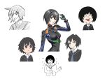  1girl :d amagami antenna_hair arm_at_side arms_at_sides averting_eyes ayanami_rei ayanami_rei_(cosplay) black_bodysuit black_eyes black_hair black_jacket blazer blue_bodysuit blue_sweater bodysuit breasts bright_pupils closed_mouth collared_shirt commentary cosplay crayon_shin-chan crossover doraemon dress_shirt ebisu_yoshikazu_(style) flying_sweatdrops hand_on_own_stomach hand_up hatching_(texture) highres interface_headset jacket light_frown looking_at_viewer looking_to_the_side medium_breasts meitantei_conan multiple_views nanasaki_ai neon_genesis_evangelion nervous nervous_sweating open_clothes open_jacket open_mouth orange_bodysuit oshizu parody parted_lips pilot_suit plugsuit sazae-san shirt short_hair simple_background skin_tight smile solo spiked_hair style_parody sweat sweater upper_body white_background white_pupils white_shirt 