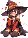  bare_shoulders black_footwear black_thighhighs blush boots brown_hair cape collar dress explosive hat heart highres karcer karcer_grey kono_subarashii_sekai_ni_shukufuku_wo! megumin negative_xp red_eyes red_mage sparkle_background thighhighs white_background witch_hat 