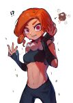  !? 1girl abs arrow_(symbol) black_pants black_tank_top clock commentary_request dripping ebio(evi3_da) eyebrow_cut hand_in_own_hair hand_up highres humanization jewelry navel necklace pants pink_eyes rectangular_mouth red_hair red_lips red_nails short_hair splatoon_(series) squid_girl surprised sweat tank_top tight_clothes torn_clothes white_background 