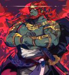  1boy armlet bara bare_pectorals beard clothes_down colored_skin facial_hair feet_out_of_frame fiery_background fire fist_in_hand frown ganondorf glowing_gem gold graysheartart green_skin highres huge_eyebrows large_pectorals long_hair looking_at_viewer male_focus mature_male midriff_sarashi muscular muscular_male official_alternate_costume one_eye_covered orange_hair pectorals sarashi sheath sheathed sketch solo tattoo the_legend_of_zelda the_legend_of_zelda:_tears_of_the_kingdom thick_eyebrows 