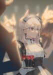  1girl 3others absurdres alcohol animal_ear_fluff animal_ears arknights black_dress blonde_hair blurry blurry_background blurry_foreground breasts cat_ears cat_girl colored_inner_hair commentary cross cross_earrings cup dress drinking_glass earrings elbow_gloves gloves highres holding holding_tray jewelry kazemaru_(arknights) kazemaru_(like_illusion)_(arknights) looking_to_the_side maid maid_headdress medium_breasts miike_(992058) multicolored_hair multiple_others official_alternate_costume pink_eyes pink_hair puffy_short_sleeves puffy_sleeves short_sleeves solo_focus tray upper_body white_background white_gloves wine wine_glass 