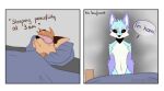  anthro arm_tuft bedding black_nose blanket blue_body blue_fur canid canine chest_tuft comic covering covering_self creepy dialogue duo ears_down elbow_tuft eyebrow_through_hair eyebrows face_mask facial_tuft fox fur hair head_tuft hi_res humor male male/male mammal maned_wolf pillow pivoted_ears purple_body purple_fur red_eyes romantic romantic_couple serious shoulder_tuft sleeping spraykitty stare translucent translucent_hair tuft 