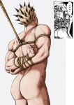  1boy absurdres arms_behind_back ass ass_focus bara bdsm bondage bound bound_arms character_request check_character completely_nude dorohedoro feet_out_of_frame from_behind highres male_focus multicolored_hair muscular muscular_male nude reference_inset risu_(dorohedoro) rope short_hair smokerichi solo spiked_hair thighs two-tone_hair 