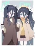  &lt;key&gt;_(blue_archive) 2girls absurdly_long_hair absurdres alternate_costume aris_(blue_archive) black_hair blue_archive blue_eyes blush coat coffee_cup cup disposable_cup doughnut food green_halo hagoonha halo highres holding holding_cup long_hair long_sleeves looking_at_viewer mouth_hold multiple_girls one_eye_closed open_clothes open_coat open_mouth red_eyes very_long_hair 