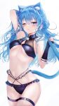  1girl absurdres animal_ear_fluff animal_ears arm_behind_head arm_up bikini black_bikini blue_eyes blue_hair blue_nails breasts cat_ears cat_tail closed_mouth highres hololive hoshimachi_suisei long_hair looking_at_viewer navel one_eye_closed simple_background small_breasts solo stomach swimsuit tail thigh_strap very_long_hair virtual_youtuber wavy_hair white_background yu_lei 
