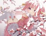  1girl :o armlet cherry_blossoms dot_nose dress frilled_dress frills hair_ornament highres looking_at_viewer looking_back mochimiya_(coyo) original own_hands_together pink_dress pink_eyes pink_hair pink_nails ponytail short_hair solo white_background wing_hair_ornament 