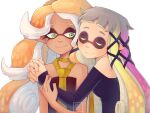  2girls bare_shoulders bibi_(splatoon) blonde_hair closed_eyes gradient_hair green_eyes grey_hair highres hug long_sleeves multicolored_hair multiple_girls necktie no_headwear orange_hair pointy_ears purple_hair rin_rin10 simple_background smile splatoon_(series) suction_cups tentacle_hair upper_body white_background yellow_necktie yoko_(splatoon) yuri 