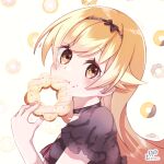  1girl bakemonogatari black_bow black_choker black_hairband black_shirt blonde_hair bow bow_hairband brown_ribbon choker dodosako doughnut eating food from_side hair_bow hairband head_tilt layered_sleeves long_hair monogatari_(series) neck_ribbon oshino_shinobu ribbon shirt short_sleeves solo upper_body white_background yellow_eyes 