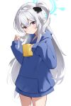  1girl absurdres blue_archive blue_halo blue_hoodie blush braid closed_mouth cowboy_shot cup grey_hair hair_between_eyes halo highres holding holding_cup hood hood_down hoodie long_hair long_sleeves looking_at_viewer miyako_(blue_archive) one_side_up purple_eyes seijiikeuchi simple_background solo white_background 