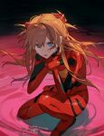  1girl black_background blue_eyes bodysuit hair_between_eyes hair_ornament highres interface_headset legs multicolored_bodysuit multicolored_clothes neon_genesis_evangelion open_mouth orange_hair pilot_suit plugsuit red_bodysuit solo souryuu_asuka_langley strangling two_pokemon 