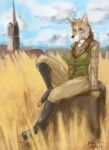  2023 anthro blokfort boots breasts brown_body brown_fur building canid canine canis clothing cloud coyote day female field footwear fur hi_res looking_at_viewer mammal outside sitting sky smile solo topwear vest 