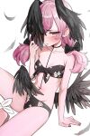  1girl absurdres bare_shoulders bikini black_bikini black_wings blue_archive blush bow breasts collarbone feathered_wings feathers hair_bow halo head_wings highres kiritzugu koharu_(blue_archive) koharu_(swimsuit)_(blue_archive) long_hair looking_at_viewer low_twintails navel open_mouth pink_eyes pink_hair sitting small_breasts solo spaghetti_strap swimsuit thighs twintails wings 