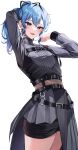  1girl :d absurdres arm_behind_head arms_up belt black_belt black_shorts black_skirt blue_eyes blue_hair ear_piercing high_ponytail highres hololive hoshimachi_suisei hoshimachi_suisei_(7th_costume) looking_at_viewer moonbell multiple_piercings official_alternate_costume official_alternate_hairstyle open_mouth piercing short_shorts shorts simple_background skirt smile solo star_(symbol) star_in_eye symbol_in_eye turtleneck virtual_youtuber white_background wing_hair_ornament 