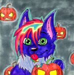  2019 canid canine canis domestic_dog food fruit green_eyes hair halloween holidays looking_at_viewer mammal pink_hair plant pumpkin purple_body tongue tongue_out traditional_media_(artwork) 