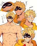  1boy bara blonde_hair boku_no_hero_academia collage eye_mask fat_gum_(boku_no_hero_academia) hood hoodie male_focus monu muscular muscular_male orange_hoodie smile white_background 