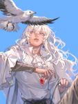  1boy absurdres animal ascot berserk bird bishoujo_senshi_sailor_moon blue_background blue_sky clear_sky commentary day earrings expressionless frilled_shirt frilled_sleeves frills griffith_(berserk) heshen_da_bi_dou highres holding holding_reins jewelry long_hair male_focus outdoors pendant purple_eyes reins shirt sky solo upper_body wavy_hair white_ascot white_shirt 