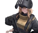  1girl blonde_hair breasts bulletproof_vest green_eyes grey_eyes gun helmet highres holding holding_gun holding_weapon indie_virtual_youtuber large_breasts long_hair long_sleeves looking_at_viewer nine_(kanine41) second-party_source simple_background smile solo turtleneck upper_body virtual_youtuber weapon whiskey_project white_background 