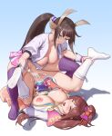  2girls ahegao ankle_grab blue_eyes breasts brown_eyes brown_hair censored closed_mouth cum cum_in_pussy cum_on_body cum_on_breasts cum_overflow erection futa_with_female futanari heroine_(pokemon_conquest) highres large_breasts long_hair lying mosaic_censoring multiple_girls nipples no_shoes oichi_(sengoku_musou) on_back open_mouth penis pokemon pokemon_(game) pokemon_conquest ponytail purple_thighhighs pussy rolling_eyes sengoku_musou sex smile socks thighhighs tongue tongue_out vaginal white_socks zero_a 