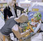  1girl 2boys black_jacket bleach blonde_hair bottle brown_pants cake cake_slice can carrot center_frills closed_eyes collared_shirt curly_hair elbow_gloves food frills gloves green_hair grey_hair grey_shirt hair_between_eyes hair_ornament highres holding holding_bottle holding_food jacket kuna_mashiro leaning_forward long_hair long_sleeves muguruma_kensei multiple_boys nordicpuff ootoribashi_roujuurou open_clothes open_jacket open_mouth orange_gloves orange_scarf pants scarf shirt shopping_cart short_hair sleeveless soda_can supermarket sweatdrop t-shirt white_shirt 