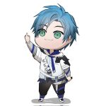  1boy blue_hair chibi full_body green_eyes highres holding holding_knife holostars holostars_english holotempus jacket knife middle_finger pants parted_bangs potamikouu regis_altare solo_focus virtual_youtuber white_background 