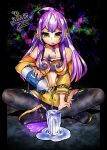 ! 1girl absurdres around belt bottle crossed_legs dark_background glass goggles highres holding holding_bottle jumpsuit long_hair looking_down navel neck non-web_source overflowing pouring purple_hair senmu0107 sitting stain suicide thighhighs vividly_vivi yellow_eyes yellow_jumpsuit 