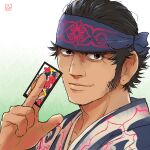  1boy ainu ainu_clothes blue_headband chest_hair_peek dark-skinned_male dark_skin golden_kamuy hanafuda headband holding isomine japanese_clothes kimono kirawus_(golden_kamuy) long_sideburns looking_at_viewer male_focus portrait sanpaku short_hair sideburns sideburns_stubble smile solo turning_head 