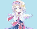  1girl alice_margatroid blonde_hair blue_background blue_dress blue_eyes capelet closed_mouth cowboy_shot dress frilled_capelet frilled_hairband frilled_ribbon frilled_sleeves frills hairband hands_on_own_cheeks hands_on_own_face hiyuu_(hiyualice) long_sleeves looking_at_viewer medium_hair red_hairband red_ribbon ribbon simple_background solo touhou white_capelet 