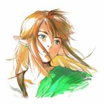  1boy aizheajsee blonde_hair blue_eyes brown_hair closed_mouth copyright_request earrings floating_hair frown highres jewelry link long_hair looking_to_the_side male_focus pointy_ears portrait simple_background solo swept_bangs the_legend_of_zelda white_background 