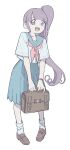  1girl :d bag blue_sailor_collar blue_skirt blunt_bangs bracelet brown_bag full_body highres holding holding_bag jewelry kemura_(puripurinea) loafers long_hair looking_at_viewer manaka_non neckerchief open_mouth pink_neckerchief pleated_skirt pretty_(series) pripara purple_eyes purple_hair sailor_collar school_uniform serafuku shirt shoes short_sleeves side_ponytail simple_background skirt smile socks solo standing very_long_hair white_background white_shirt white_socks 