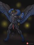  2023 abs after_transformation animal_genitalia animal_penis anthro avian biceps black_body black_feathers blue_body blue_feathers blurred_background clothing curved_tail feathers feline_genitalia feline_penis flaccid flexing_biceps genitals glistening glistening_body gryphon hi_res looking_at_viewer male muscular muscular_male mythological_avian mythology pecs penile_spines penis pose reckless_rocket rubber rubber_clothing rubber_suit smile smiling_at_viewer solo species_transformation spread_wings standing transformation wings yellow_sclera 
