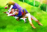  2girls ahoge animal_ears bag blue_jacket blue_skirt blush boots breasts brown_hair bush closed_eyes crown day girl_on_top gloves grass headwear_removed high_heel_boots high_heels highres horse_ears horse_girl horse_tail jacket long_sleeves lying meisho_doto_(umamusume) multiple_girls on_back open_mouth orange_hair outdoors shirt short_hair shoulder_bag skirt small_breasts smile t.m._opera_o_(umamusume) tail thighhighs umamusume waniyama1993 white_footwear white_gloves white_shirt white_thighhighs yellow_footwear yuri 