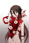  1girl absurdres black_eyes black_hair blood bone closed_mouth commentary completely_nude cowboy_shot erchongbaojun flower gradient_background grey_background highres long_hair looking_down nude original plant ribs snake solo symbol-only_commentary very_long_hair white_flower 