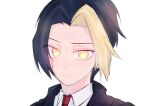  1boy absurdres black_hair black_jacket blonde_hair closed_mouth collared_shirt finn_ames highres honda_(mina_moto) jacket male_focus mashle multicolored_hair necktie portrait red_necktie shirt simple_background solo two-tone_hair white_background white_shirt yellow_eyes 