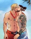  2boys abs arm_hair arm_tattoo bara bare_pectorals beard blue_male_swimwear brown_hair cassidy_(overwatch) chest_hair closed_eyes couple dark-skinned_male dark_skin facial_hair from_side furrowed_brow hachimaki hairy hanzo_(overwatch) headband highres karsama22 kiss large_pectorals lifeguard lifeguard_cassidy male_focus male_swimwear mature_male multiple_boys muscular muscular_male mustache navel navel_hair nipples official_alternate_costume overwatch pectorals red_male_swimwear short_hair stomach swim_trunks tattoo thick_eyebrows topless_male whistle whistle_around_neck yaoi 