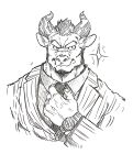  1boy adjusting_clothes adjusting_necktie animal_ears bara collared_shirt commentary_request cow_ears cow_horns facial_hair formal furry furry_male goatee graphite_(medium) gyumao_(housamo) highres horns lapels male_focus mature_male minotaur mohawk muscular muscular_male necktie notched_lapels photo_(medium) scar scar_on_face scar_on_nose shirt short_hair smile solo sparkle striped_suit suit takayo_(takayo0449) thick_eyebrows tokyo_afterschool_summoners traditional_media upper_body watch white_background wristwatch 