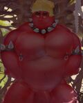  absurd_res collar eyebrows freddyv7205172 genitals hair hi_res horn horned_humanoid humanoid male nipple_piercing nipples not_furry pecs penis piercing red_body red_penis red_skin solo spiked_collar spikes 