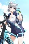  1girl absurdres animal_ear_fluff animal_ears bee_doushi bicycle bike_jersey bike_shorts blue_archive blue_sky bottle breasts cleavage cloud commentary_request cup day grey_hair ground_vehicle halo highres holding holding_cup looking_at_viewer medium_breasts official_alternate_costume outdoors shiroko_(blue_archive) shiroko_(cycling)_(blue_archive) short_hair sky solo water_bottle 