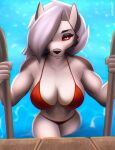  anthro aozee bikini breasts canid canid_demon cleavage clothed clothing demon female hair hair_over_eye hellhound helluva_boss hi_res loona_(helluva_boss) mammal one_eye_obstructed solo swimming_pool swimwear 