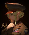  1girl absurdres adjusting_clothes adjusting_necktie artist_name black_background blonde_hair brown_jacket brown_shirt cape dated elf emblem green_eyes hat highres jacket military_hat military_uniform necktie original pointy_ears shirt solo tuziki_sang uniform united_states_air_force 